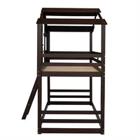 Twin Over Twin House Bunk Bed, Bunk Bed with Ladder, Window & Pitched Roof, Twin Size Bunk Wood Bed for Semi-enclosed Play Place & Playhouse,