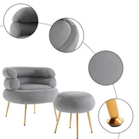 Accent Chair with Round Ottoman, Upholstered Velvet Indoor Armchair with Metal Frame, Single Tufted Leisure Chairs with Footrest Stool for Living Room Bedroom Office