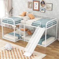 L-Shaped Bunk Bed for 4, Full and Twin Size L-Shaped Bunk Beds with Slide and Ladder & Full-Length Guardrails, Quad Metal Bunk Beds Frame for Kids Teens Adults, Noise Free, No Box Spring Needed, White