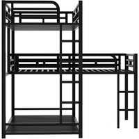 L Shaped Triple Bunk Bed, Metal Triple Twin Bunk Bed Frame with Full-Length Guardrail, L Shaped Bunk Beds for 3, Heavy Duty 3 Bed Bunk Beds for Kids Teens and Adults Bedroom Dorm, Noise-Free, Black