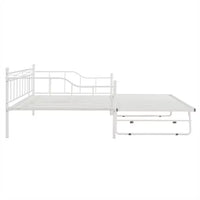 Full Size Daybed with Twin Size Adjustable Trundle, Metal Steel Bedframe with 4 Wheels and Portable Folding for Bedroom Guestroom, No Box Spring Required, Line Pattern, White