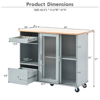 Kitchen Island with Drop Leaf, Modern LED Light Kitchen Cart on Wheels with 2 Fluted Glass Doors and 1 Flip Cabinet Door, 44" Large Kitchen Island Cart with an Adjustable Shelf and 2 Drawers, Gray