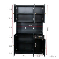 70.87" Pantry Storage Cabinet, Freestanding Kitchen Cabinet with Oven Countertop and 6 Rattan Doors, Tall Storage Cabinet with Doors and Shelves for Living Room, Black