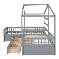 Twin Size L-Shaped Wood House Platform Bed with Storage Drawers, Wooden Double Beds Kids Montessori House Bed with Fence & Roof, Wood Tent Cabin Beds Frame for Girls Boys Teens, (Gray-L-Shaped)