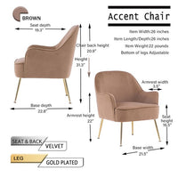 Ergonomics Velvet Accent Chair with Arms, Upholstered Side Chairs Leisure Chair with Adjustable Footpad for Living Room Bedrooms, Brown