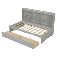 Twin Size Platform Bed with 2 Storage Drawers, Solid Bed Frame with Multifunctional Function Bookcase, Bookcase Bed for Kids Teens, No Box Spring Needed, Easy Assembly, Gray