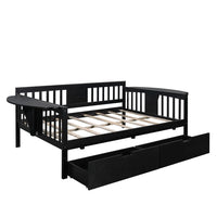 Full Size Daybed with Two Drawers, Multifunctional Wood Daybed Frame with Three Sides Handrails and Foldable Shelves, Full Platform Bed Sofa Bed with Wood Slat Support, No Box Spring Needed, Espresso