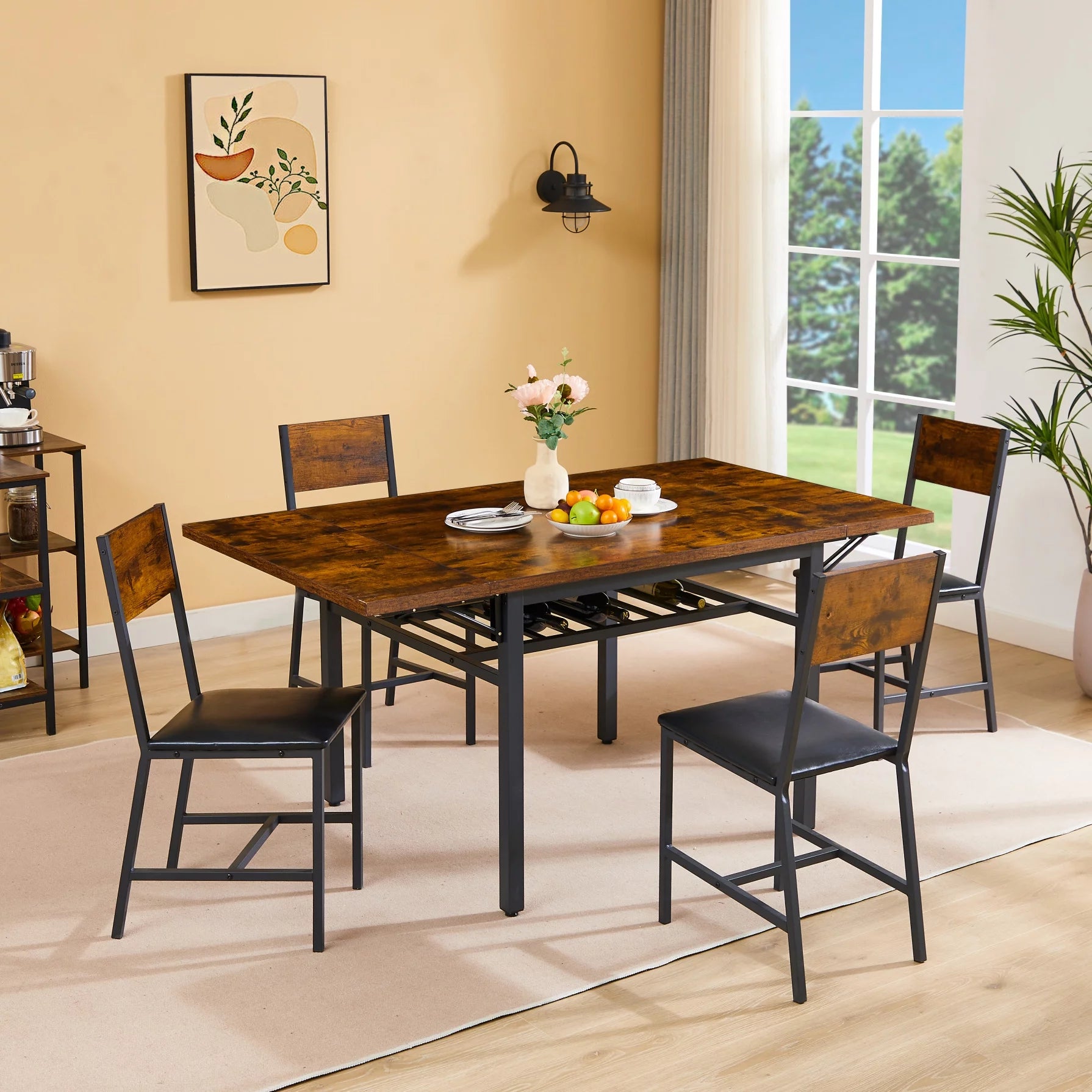63.2''x35.5'' Folding Dining Table, Industrial Kitchen Table for 4-5 Person, 1.2 inches Thick Rectangular Dinner Table with Storage Shelf for Dining Room Kitchen Living Room, Rustic Brown