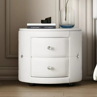 PU Leather Upholstered Nightstand with 2 Drawers and Crystal Handle, Button Tufted Dresser Side Table Chest, Multifunctional Round Storage Beside Table for Living Room, Bedroom, Fully Assembled, White