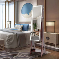Jewelry Mirror with 6 LEDs Armoire Organizer, Standing Lockable Jewelry Cabinet with Full-Length Body Dressing Mirror LED Light and Larger Capacity, 3 Adjustable Angles, Bronze