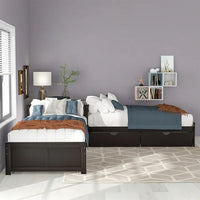 Twin Size L-Shaped Platform Bed Frame with Trundle and Storage Drawers Linked with Built-in Desk, Wooden 3 Twin Beds in One Bedroom Bed Frame for Teens Adults, No Box Spring Needed, Espresso