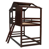 Twin Over Twin House Bunk Bed, Bunk Bed with Ladder, Window & Pitched Roof, Twin Size Bunk Wood Bed for Semi-enclosed Play Place & Playhouse,