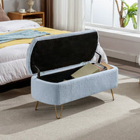 Storage Ottoman Bench with Golden Metal Legs,Modern Faux Fur Entryway Bench,Accent Ottoman Bench Upholstered Padded with Storage for Living Room Bedroom Foyer,Blue