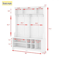 60" Wide Hallway Hall Trees with Storage and 6 Coat Rack, Modern Entryway Bench with Shoe Cubbies, Mudroom Bench, Solid Wood Hall Tree for Entryway Living Room Bedroom, White