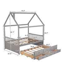 Full Size House Bed with Trundle and 3 Storage Drawers, Captain's Beds with Roof, Wooden Storage Daybed Frame for Kids Teens Boys Girls, Gray