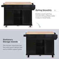 53.1" Kitchen Trolley Cart with 2 Doors & 3 Drawers & Adjustable Shelves, Kitchen Island Cart with Drop-leaf Tabletop and Locking Wheels, Rolling Kitchen Island with Spice Rack and Towel Rack, Black