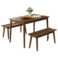 Rubber Wood Dining Table Set with 2 Benches, 3-Piece Modern Kitchen Table Set with Sleek Wood Board for 4, Simple Space Saving Dinette Set of 3, Scratch and Wear Resistant, Walnut