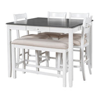 6-Piece Dining Table Set for 4-6 Persons,Solid Wood Rectangular Dining Table with Storage Drawer,Counter Height Square Kitchen Set with 4 Upholstered Chair and A Bench for Kitchen Dinning Room,White