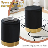 Round Storage Ottoman with Metal Base, Modern Barrel Storage Chair, Multipurpose Footrest Stool with Storage, Velvet Upholstered Vanity Stool Chair for Living Room & Bedroom, Dark Gray