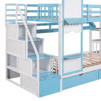 Wood Bunk Bed, Twin-Over-Twin Castle Style Bunk Bed with 2 Drawers and 3 Shelves, Playhouse Inspired Bunk Bed with Slide and Storage Staircase, No Box Spring Needed, Blue