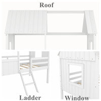 Twin House Loft Bed with Roof for Kids, Low Wooden Bed Frame with Ladder and Fence Guardrails, Montessori Bed with Two Side Windows for Boys Girls Bedroom, No Box Spring Needed, White