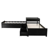 Twin Size L-Shaped Platform Bed Frame with Trundle and Storage Drawers Linked with Built-in Desk, Wooden 3 Twin Beds in One Bedroom Bed Frame for Teens Adults, No Box Spring Needed, Espresso