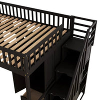 Twin Size Loft Bed with Desk and Storage Stairs, Multifunctional Loft Bed with Bookshelf, Drawers and Wardrobe, Wood Loft Bed Frame with Fence Shaped Guardrails, No Box Spring Needed, Expresso
