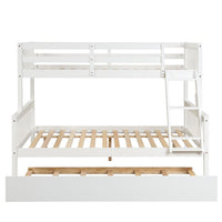 Twin Over Full Bunk Bed with Trundle, Solid Wood Low Bunk Bed Frame with Ladder and Safety Rails Convertible into 2 Separate Beds for Kids Boys Girls No Box Spring Needed, Easy Assembly, White