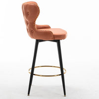 Swivel Bar Stools Set of 2, Self-righting Counter Height Bar Chairs with Gold Footrest & Black Metal Legs, Leathaire Fabric Upholstered Dining Chairs with Nailhead Trim for Kitchen Island, Orange