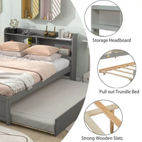 Full Bed with Trundle, Full Size Platform Bed with Bookcase Headboard and Pull Out Trundle Bed for Kids Teens Adults, Wooden Twin Bed Frame with Storage Shelves, Bed Frame for Living Room, Gray