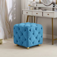 Modern Velvet Upholstered Ottoman, Button Tufted Round Ottoman Soft Foot Stool Padded Foot Rest with Metal Legs, Dressing Makeup Chair Comfortable Seat for Living Room, Bedroom, Entrance, Blue