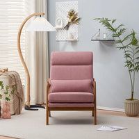 Accent Chair with Cushion, Mid-Century Modern Reading Armchair with Wood Armrest, Upholstered Linen Lounge Chair Solid Wood Side Chair for Living Room Bedroom Apartment, Pink
