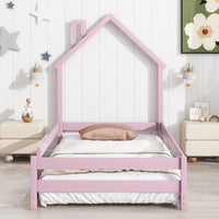 Twin Size Floor Bed Wooden Montessori Floor Bed with House-Shaped Headboard and Fence Guardrails Twin Bed Frame for Girls and Boys, No Weight Limit, Pink