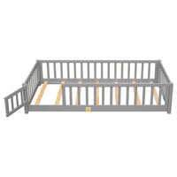 Twin Floor Bed Frame for Kids Toddlers, Wooden Montessori Bed with 7 Wood Slats, Fence-Shaped Guardrails and Door for Boys Girls Bedroom Playroom, No Box Spring Needed, Gray