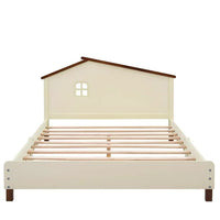 Full Size Wood Platform Bed with House-shaped Headboard, Wooden Bed Frame with Shelf Behind, Cute Full Bed for Kids Teens Girls Boys, No Box Spring Needed, Cream+Walnut