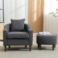 Accent Chair with Ottoman, Mid Century Modern Barrel Chair, Upholstered Armchair with Footstool and Pillow Club Tub Round Arms Chair with Wood Legs for Living Room, Bedroom, Office, Lounge, Dark Gray