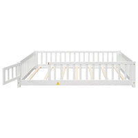 Full Size Floor Bed for Toddlers and Kids, Solid Wood Montessori Floor Bed with Safety Fence Rail and Small Door, Durable Montessori Bed Frame with Sturdy Slats Support for Boys and Girls, White
