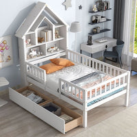 Twin Bed Frame with Fence Railings and House-Shaped Storage Headboard, Wood House Shape Twin Size Platform with 2 Drawers for Kids Boys Girls, Safety Guardrails Design, White