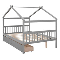 Full Size House Bed Frame, Wood Platform Bed with 2 Drawers, Decorative Canopy Bed Top, Sturdy Frame Wood Legs Supprot, No Box Spring Needed, Gray
