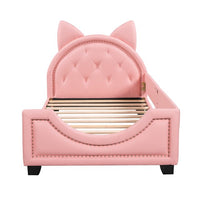Twin Size Upholstered Daybed, Wood Low Platform Day Bed Frame with Cat Ears Shaped Headboard & Curved Footboard, PU Leather Sofa Bed Frame with Button Tufted Decoration & Nailhead Trim for Kids, Pink