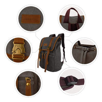 JINS & VICO Canvas Backpack, Vintage Leather School Bag Unisex Casual Rucksack, Hiking Daypacks Laptop Backpacks for Men and Women