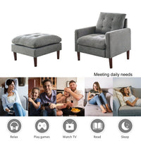 Accent Chair with Ottoman, Modern Tufted Upholstered Single Sofa Chair with Footrest and Solid Wood Legs, Comfy Armchair Leisure Lounge Chair with Removable Backrest for Living Room Bedroom, Grey