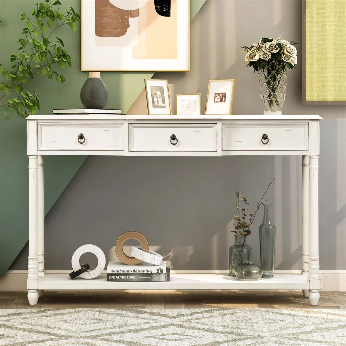 INCLAKE Entryway Table with Storage Drawers, 2-Tier Console Table with Shelf, Narrow Storage Sofa Table for Entryway Hallway, Wood Rectangle Console Table for Living Room Bedroom, Antique White