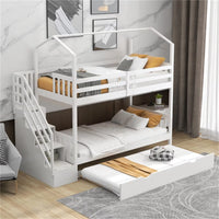 Twin over Twin Bunk Bed Frame with Pull Out Bed and Storage Stairs, White