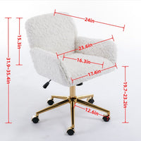Home Office Desk Armchair with Wheels, Comfy Artificial Rabbit Hair Upholstered Accent Vanity Chair with Golden Metal Base, Adjustable Hight Swivel Task Computer Chair for Living Room, Bedroom, White