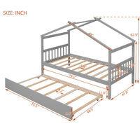 Twin Size House Bed Frame, Wood Platform Bed with Twin Size Trundle, Decorative Canopy Bed Top, Sturdy Frame Wood Legs Supprot, No Box Spring Needed, Gray
