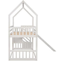 Twin Over Twin Bunk Bed with Convertible Slide,Solid Wood Bunk Bed Frame with Storage Staircase,Playhouse Design Bunk Bed for Boys and Girls,Easy Assembly,White