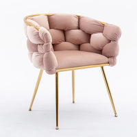 Luxury Velvet Accent Chair Set of 2, Modern Upholstered Chair with Metal Frame, Stylish Woven Back, Gold Frame, 2pcs Single Leisure Arm Chair for Living Room, Bedroom, Office, Balcony, Pink