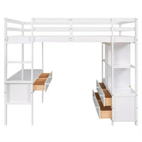 Full Size Loft Bed with Built-in Desk with Two Drawers, Storage Shelves and Drawers, Solid Wood Loft Bed Frame with Built-in Ladder and Guardrails for Kids Teens Adults, Maximized Space, White