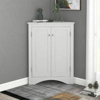 Triangle Bathroom Storage Cabinet, Wooden Corner Freestanding Floor Cabinet Cupboard with 2 Door and Adjustable Shelves, Multifunctional Buffet Sideboard Console Table for Living Room Bedroom, White